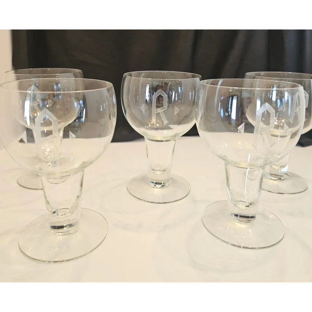 Set of 5 Vintage Monogrammed R Etched Glass Cocktail Beer Stemmed‎ Glasses